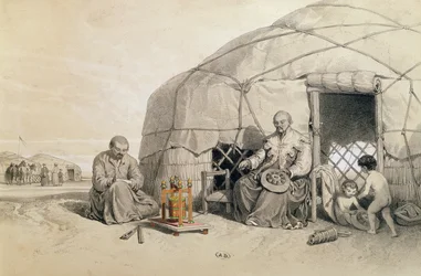 Kalmuks con una rueda de oración, Siberia, ilustración de 